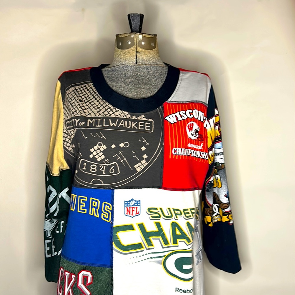 Asymmetrical dress made from up-cycled T-shirts